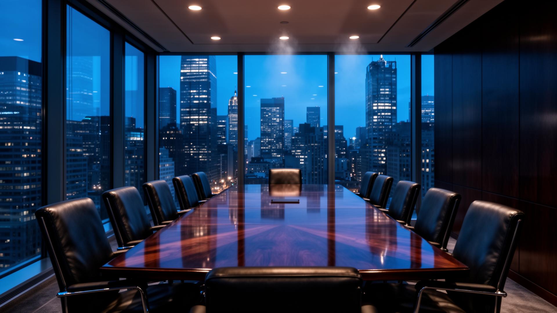 Dimly lit executive boardroom overlooking a financial district at dusk